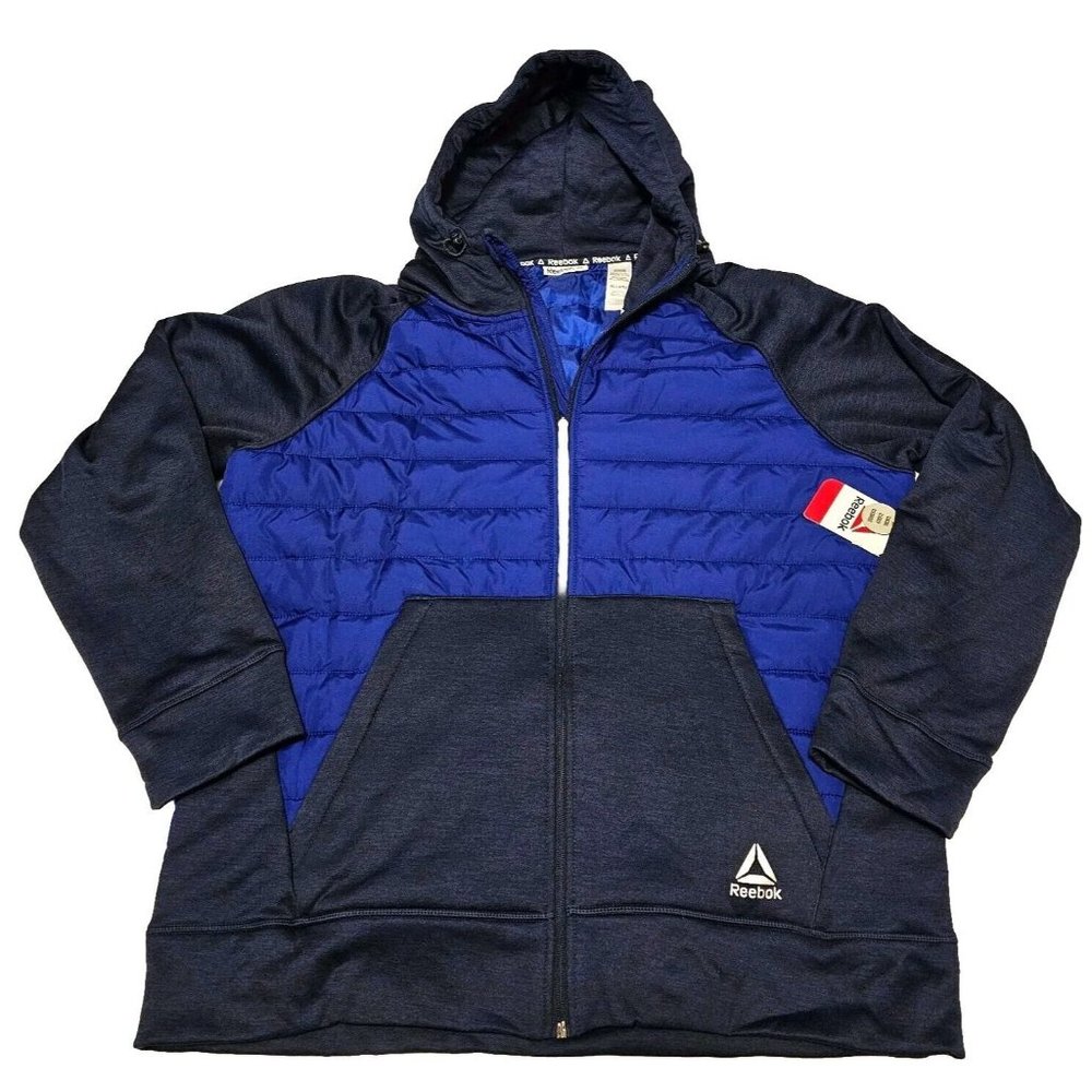 Reebok Hybrid Jacket Mens Size XL Blue Full Zip Hooded Sweater Outdoor Athletic